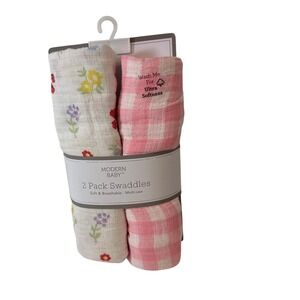 Modern Baby 2 Pack Cotton Muslin Swaddles Pink Gingham Floral 36x40 NEW